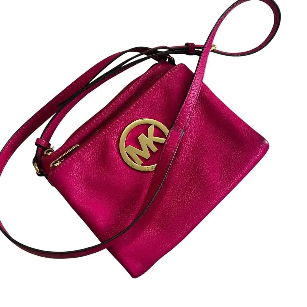 Michael Kors Jet Set Pink Leather Crossbody Bag Gold Logo Small Wallet Purse
